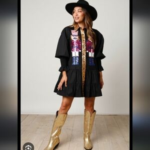 Christmas Sequin Nutcracker Poplin Mini Dress in black. 